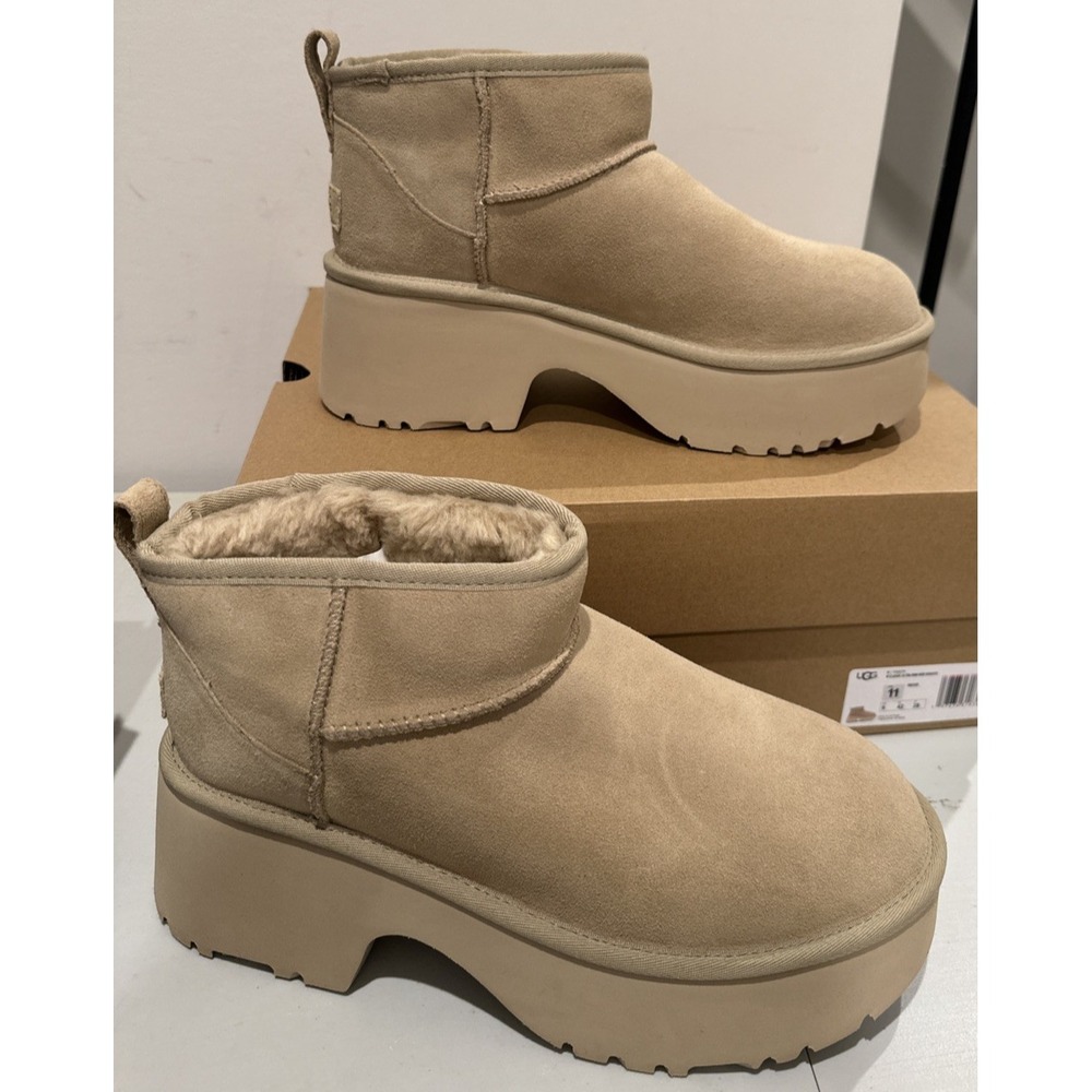UGG Women Size 11 Classic Ultra Mini New Heights Chunky Heel Boots Mustard Seed
